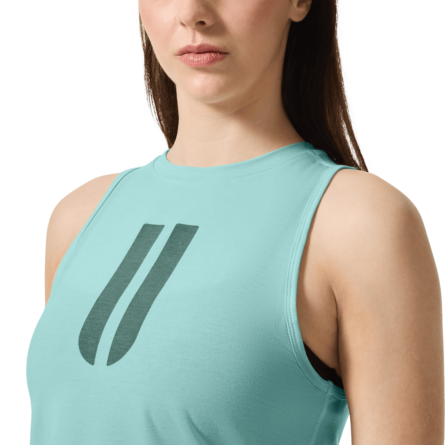 Women's Blue Haze U Muscle Tank Front Detail On Body Angle.