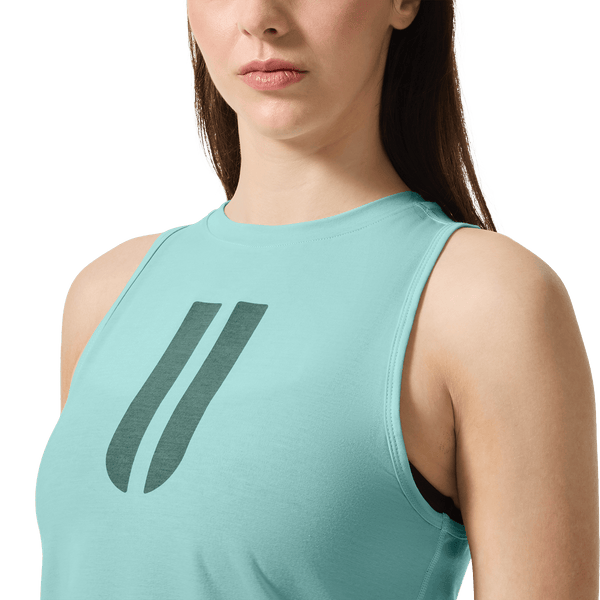 Women's Blue Haze U Muscle Tank Front Detail On Body Angle.