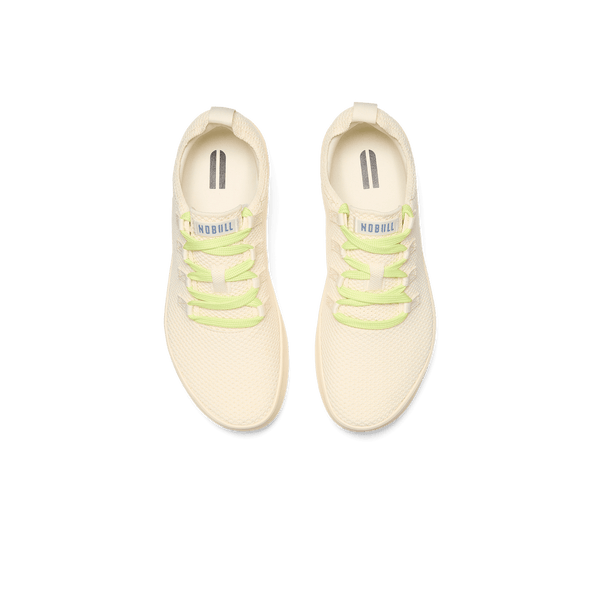 Mineral White Acid Yellow Recs Knit Shoes Above Angle.