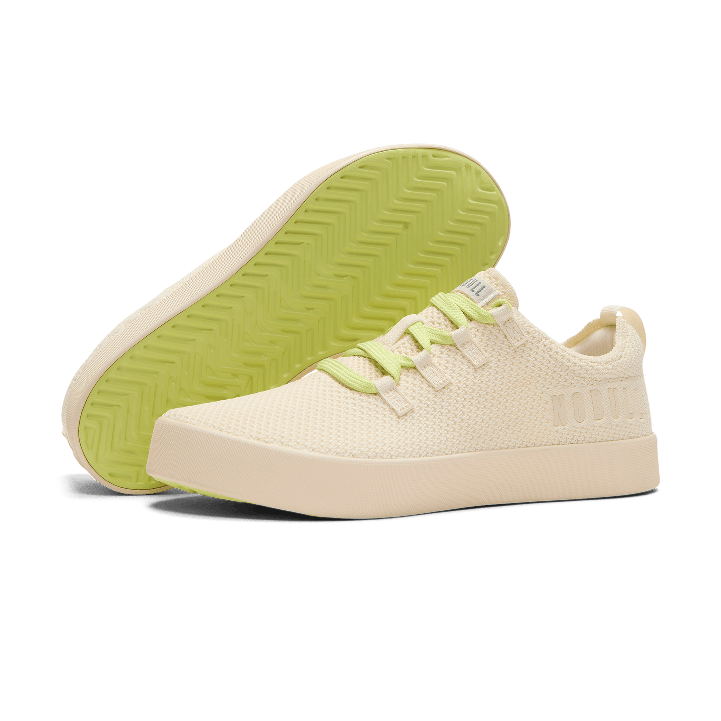 Mineral White Acid Yellow Recs Knit Shoes Angled.