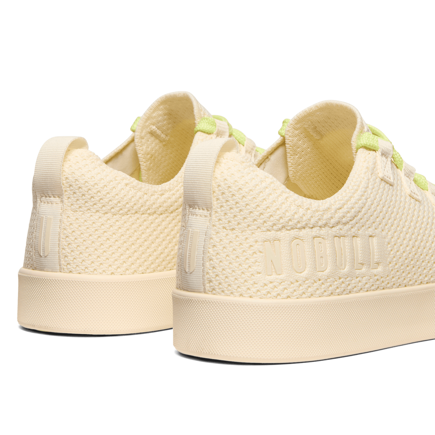 Mineral White Acid Yellow Recs Knit Shoes Back Side Angle.