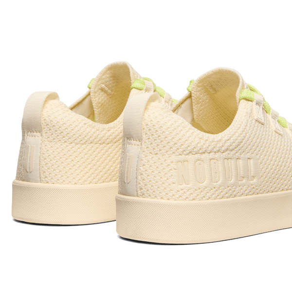 Mineral White Acid Yellow Recs Knit Shoes Back Side Angle.