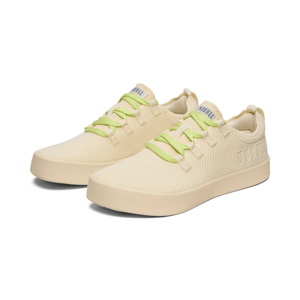 Mineral White Acid Yellow Recs Knit Shoes Front Side Angle.