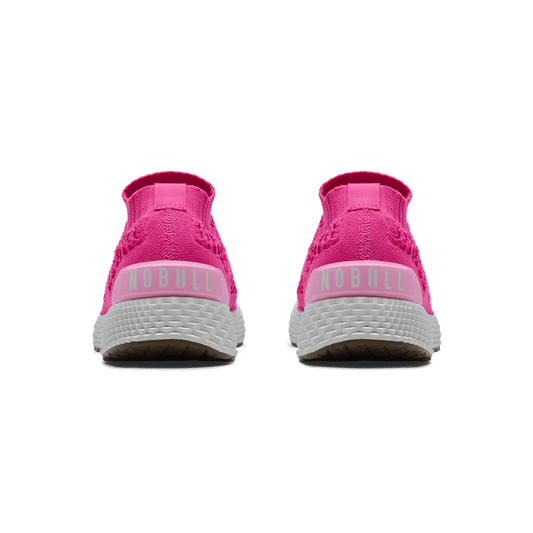 Neon Pink White Allday Knit Shoe Back Angle.