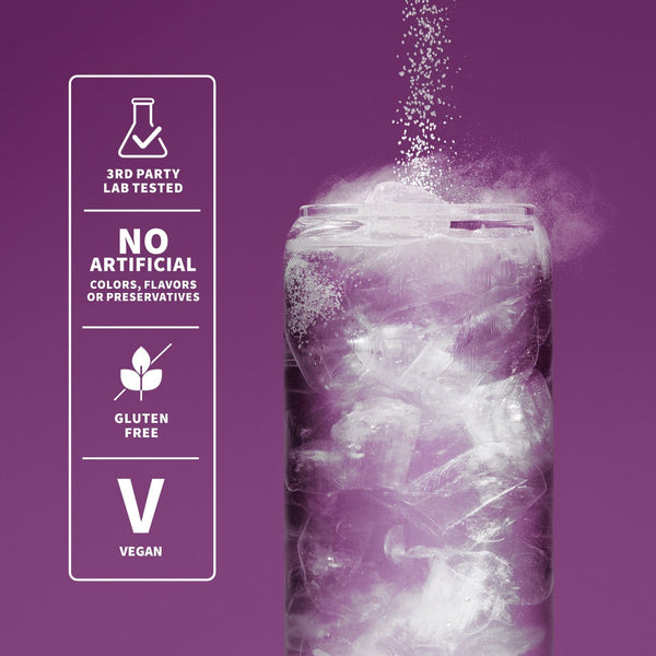 Infographic of electrolyte powder being poured into a glass. 3rd party lab tested. No artificial colors, flavors or preservatives. Gluten free. Vegan.