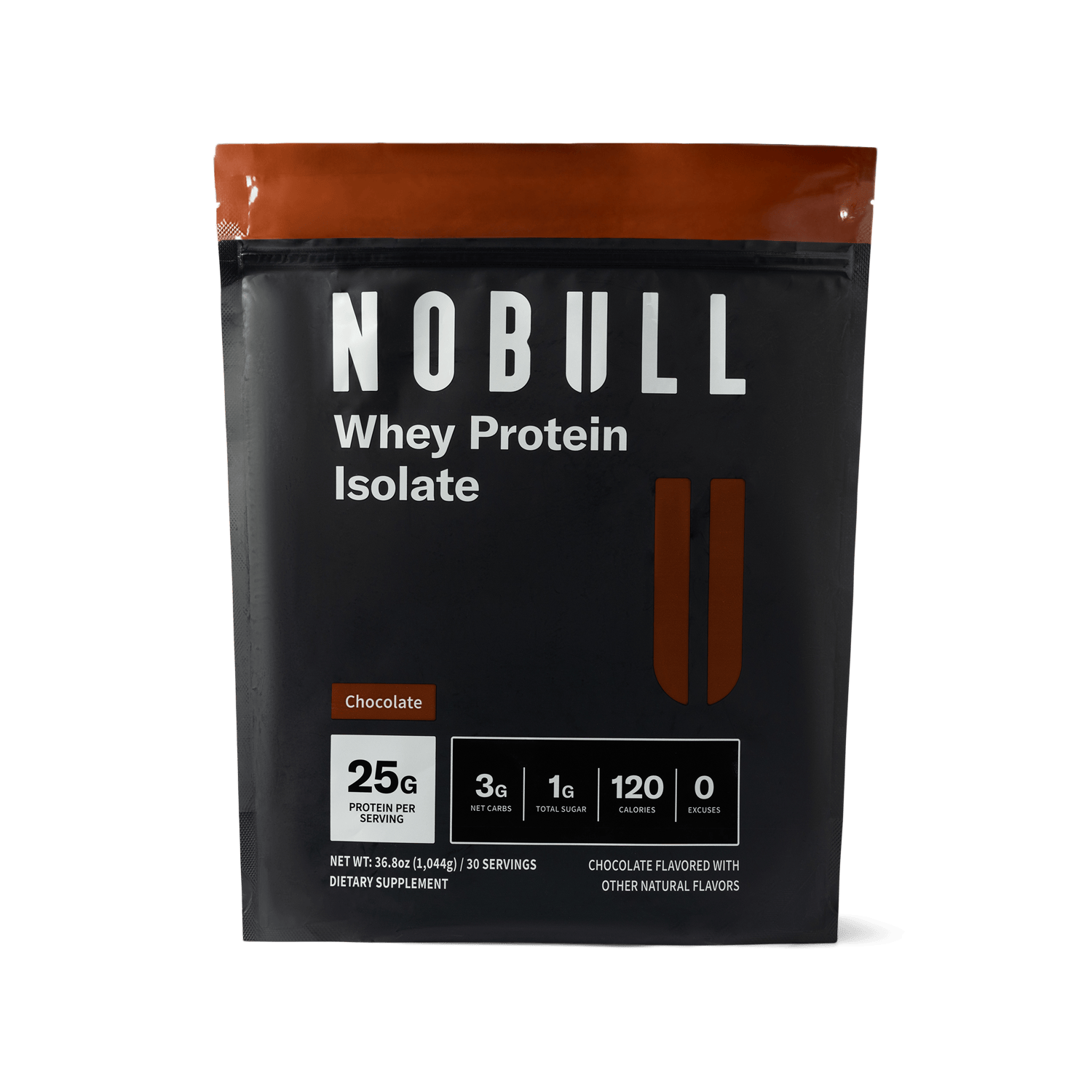 NOBULL Whey Protein Isolate package with chocolate flavor on a transparent background