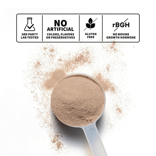 Spoonful of chocolate whey protein with infographic on nutrition facts