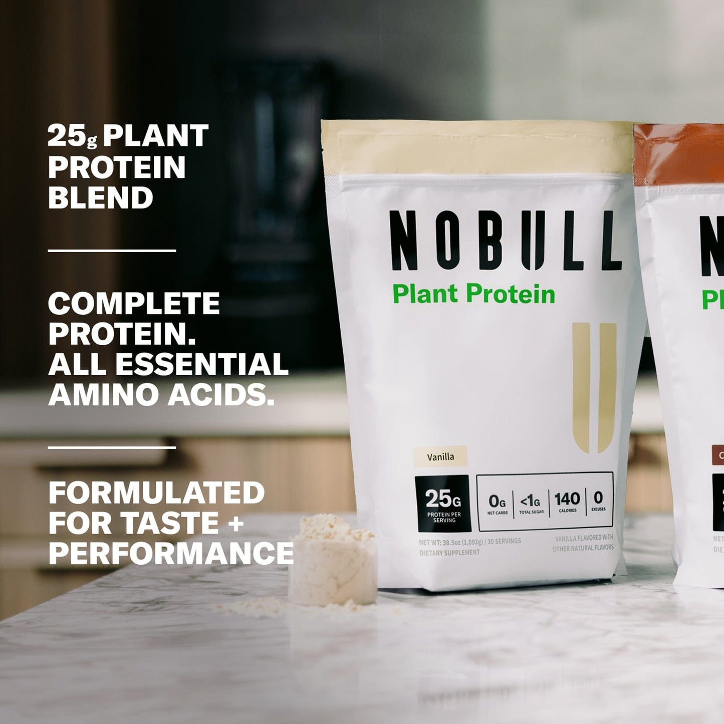 Protein packaging on a countertop. Text overlay: 25g Plant Protein Blend, Complete protein. All Essential Amino Acids. Formulated for Taste and performance