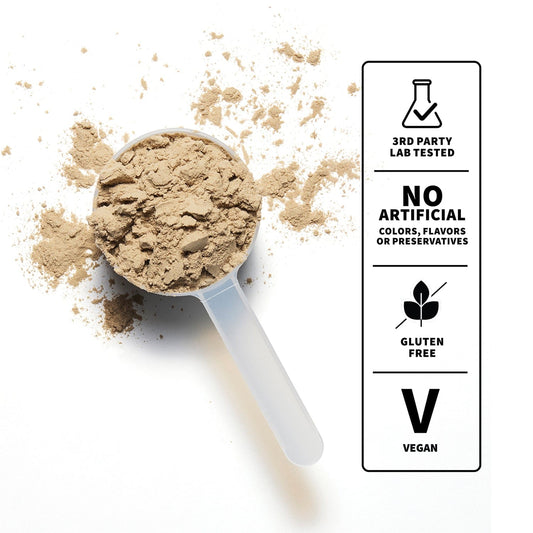Spoonful of chocolate plant protein with infographic on nutrition facts