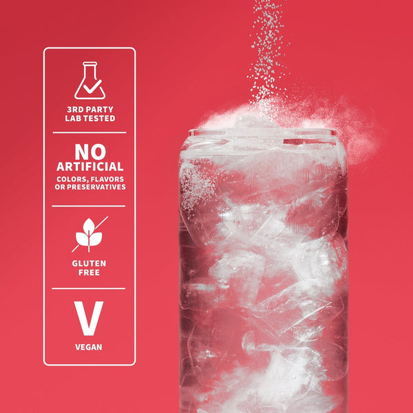 Infographic of electrolyte powder being poured into a glass. 3rd party lab tested. No artificial colors, flavors or preservatives. Gluten free. Vegan.