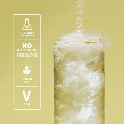 Infographic of electrolyte powder being poured into a glass. 3rd party lab tested. No artificial colors, flavors or preservatives. Gluten free. Vegan. on a yellow background