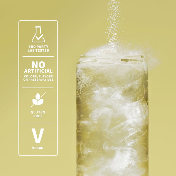 Infographic of electrolyte powder being poured into a glass. 3rd party lab tested. No artificial colors, flavors or preservatives. Gluten free. Vegan. on a yellow background