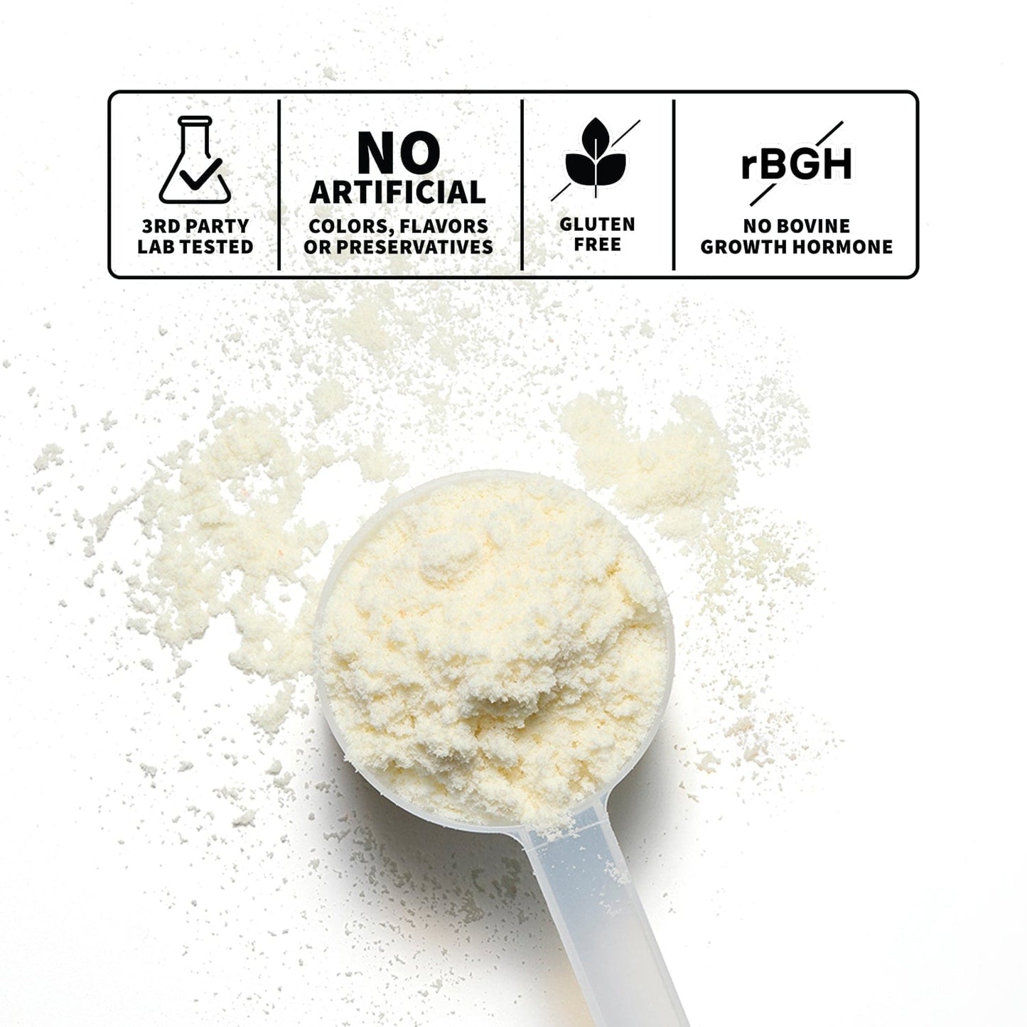 Spoonful of vanilla whey protein with infographic on nutrition facts