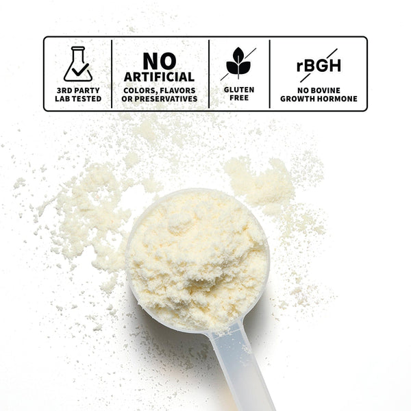 Spoonful of vanilla whey protein with infographic on nutrition facts