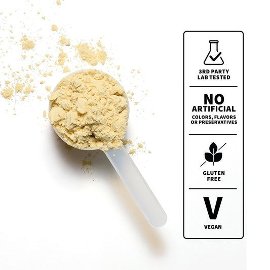 Spoonful of vanilla plant protein with infographic on nutrition facts