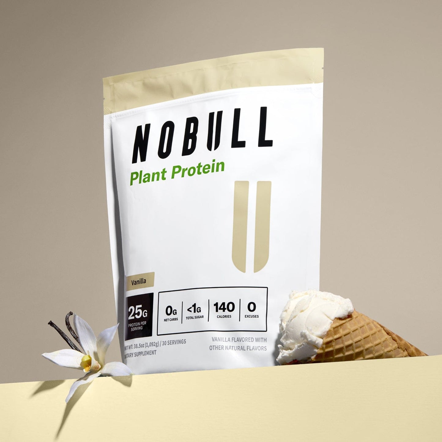 NOBULL plant protein package with a vanilla ice cream cone and vanilla flower on a beige background