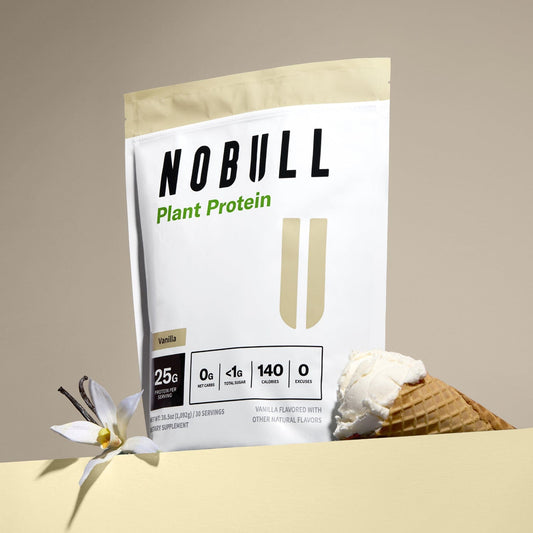 NOBULL plant protein package with a vanilla ice cream cone and vanilla flower on a beige background