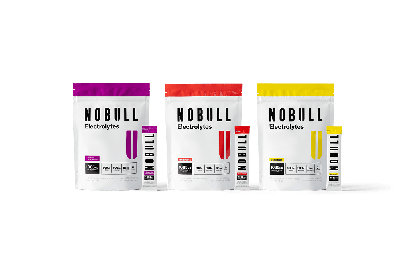 Three NOBULL electrolyte powder packages on a green background