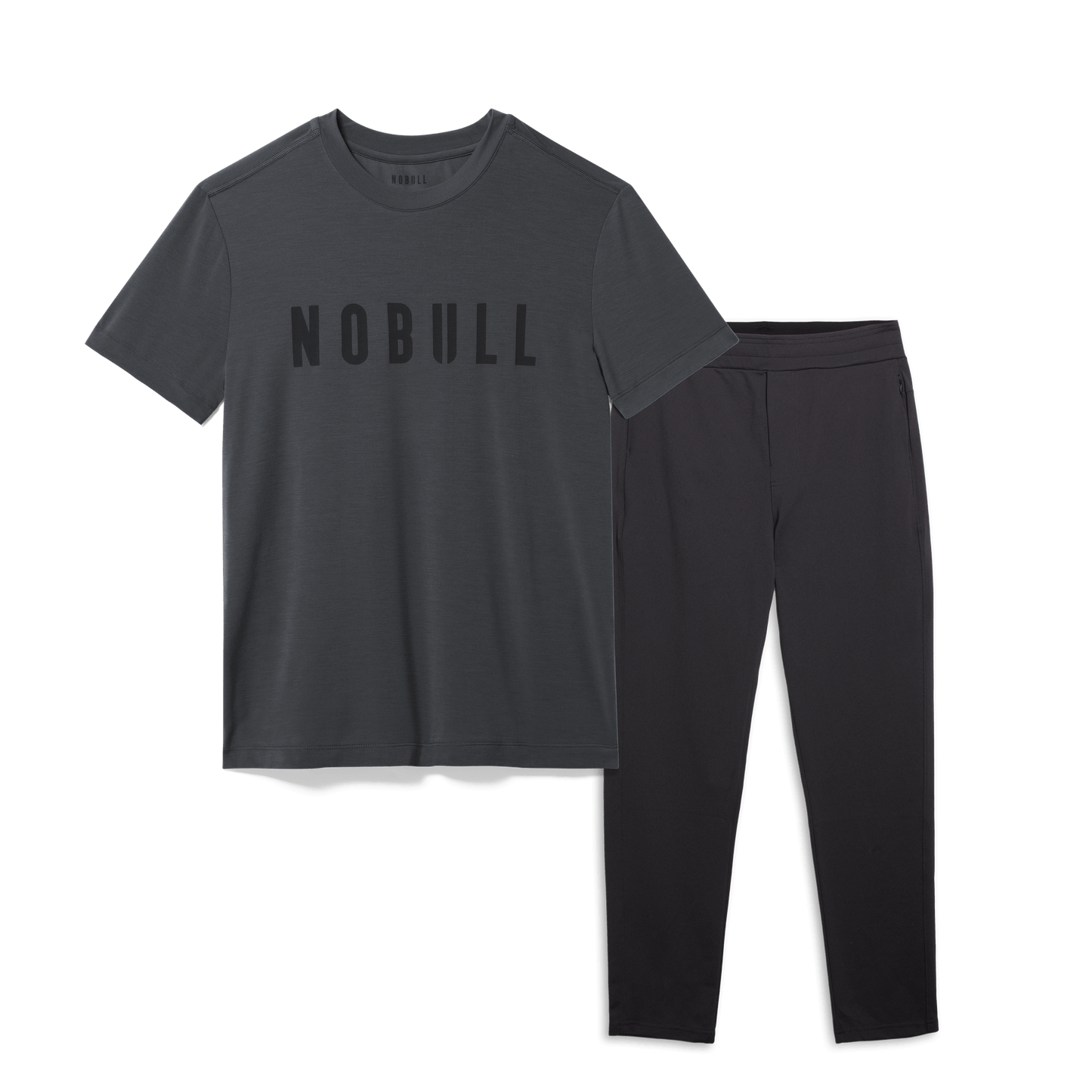 Men's NOBULL tee and black gamechanger rec pants bundle.