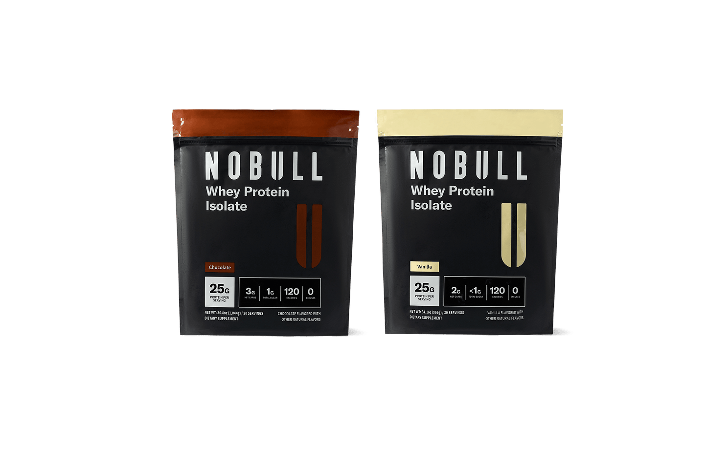 Two packages of Nobull Whey Protein Isolate on a green background