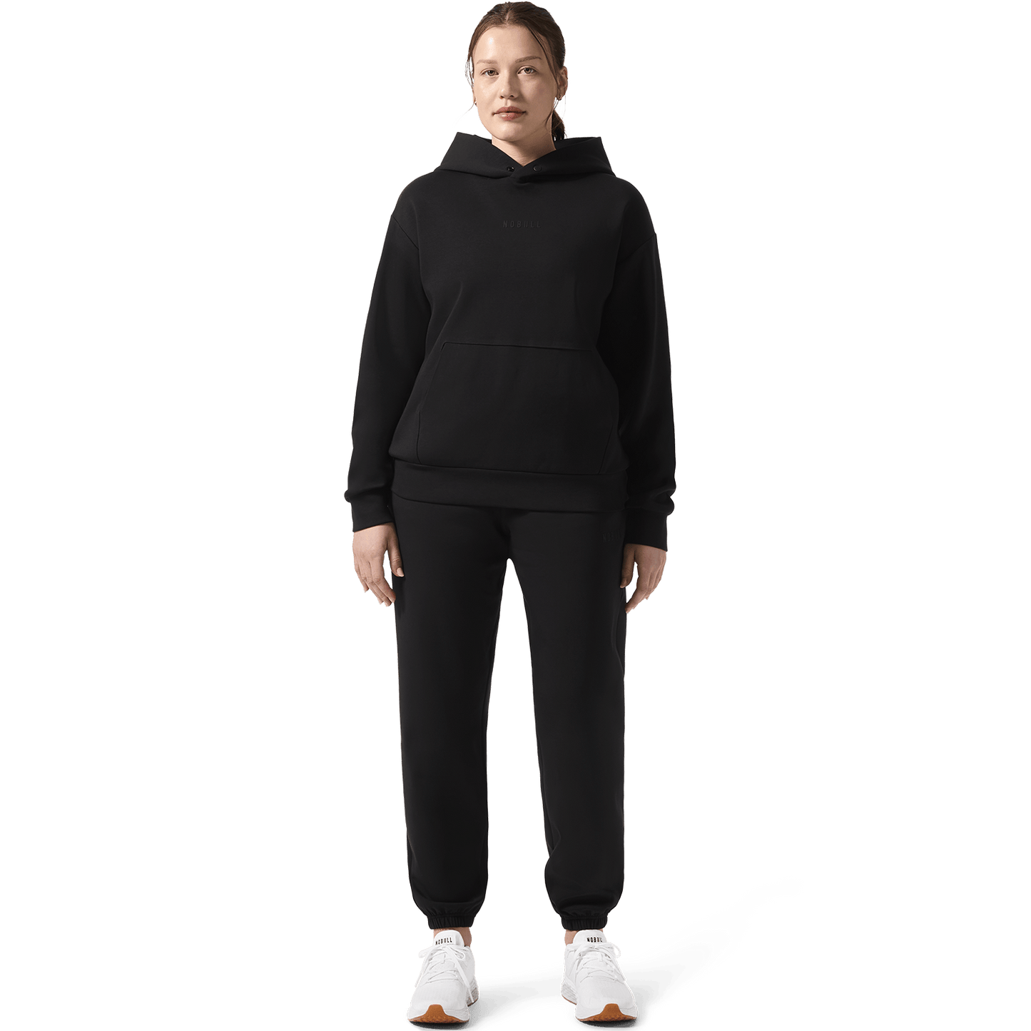 Women's Black Elements Hoodie x Jogger Front Full Body Angle.