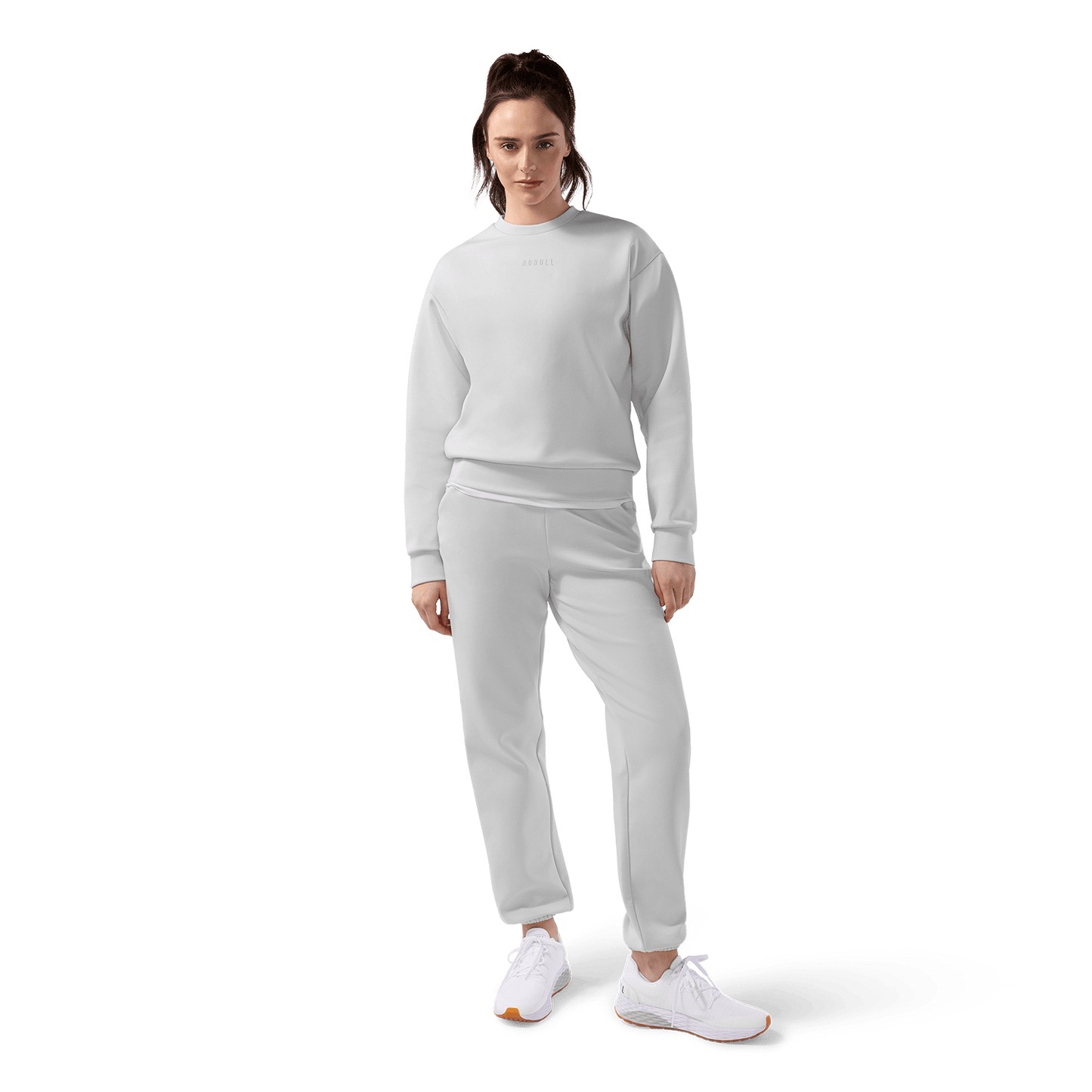 Women's Light Grey Elements Crew x Jogger Bundle Set On Body Angle.