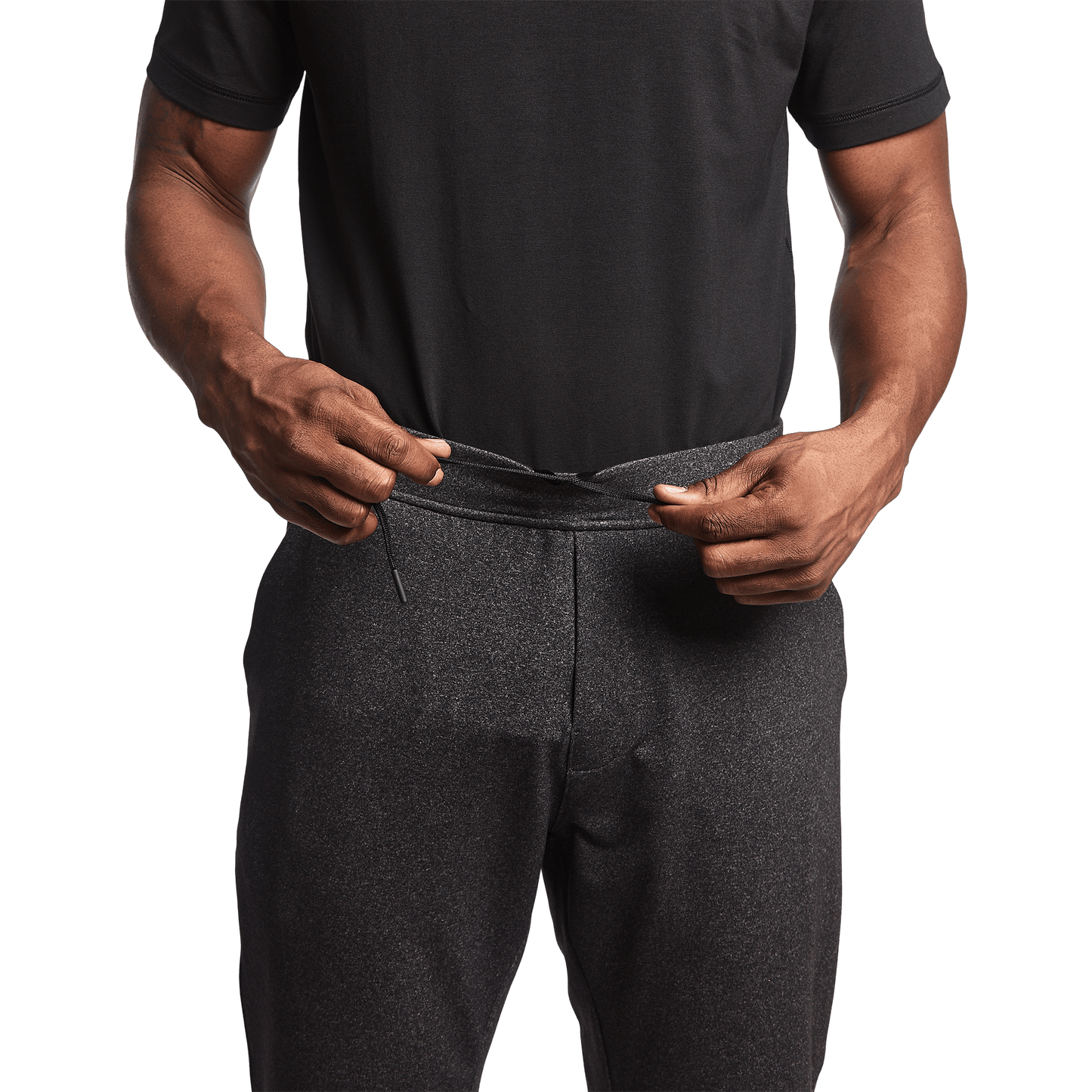 Men's Heather Charcoal Gamechanger 5 Pocket Jogger Drawstring Angle.