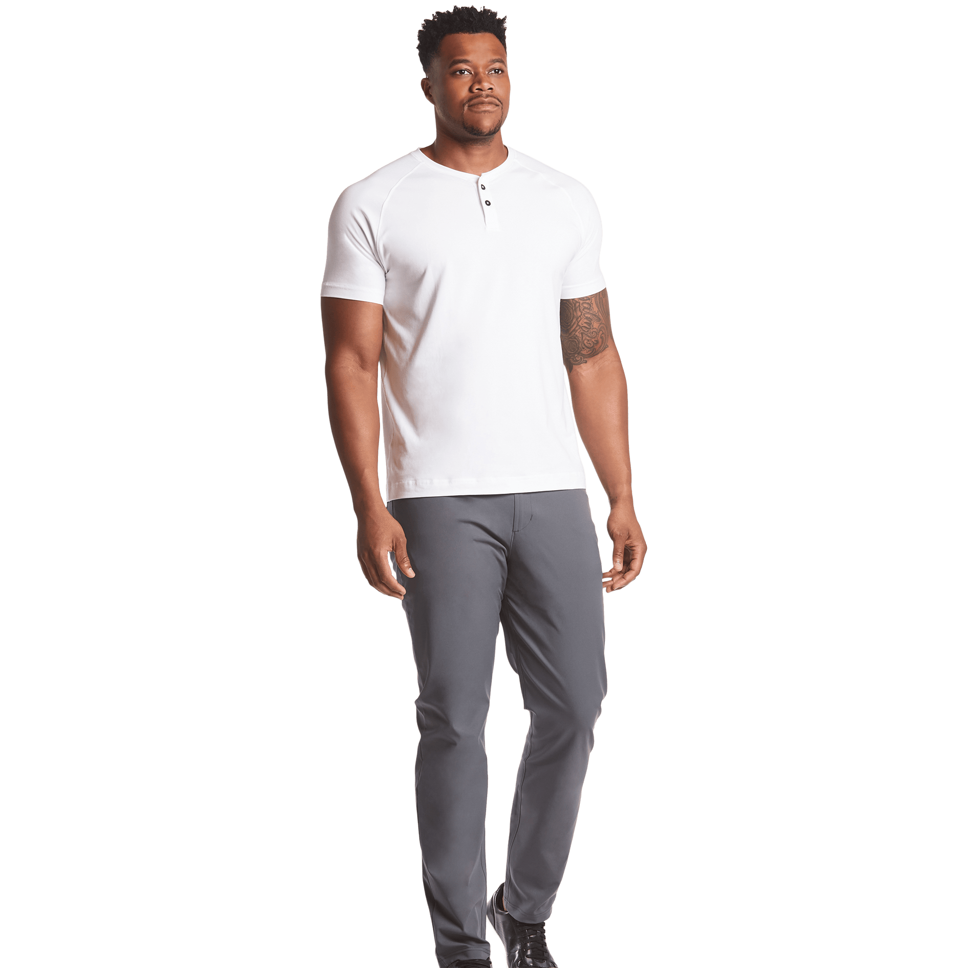 Man wearing a white polo shirt and gray pants on a transparent background