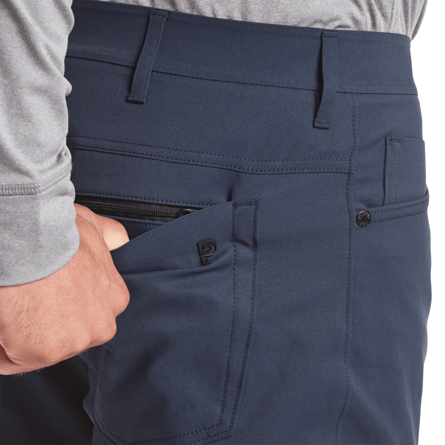 Navy Dealmaker Pant Back Pocket Detail Angle.