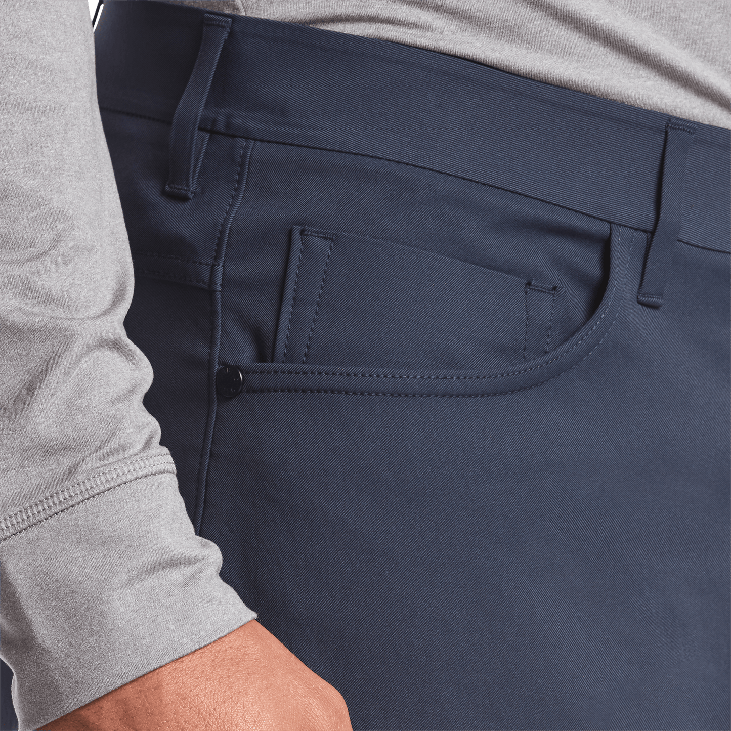 Navy Dealmaker Pant Pocket Detail Angle.