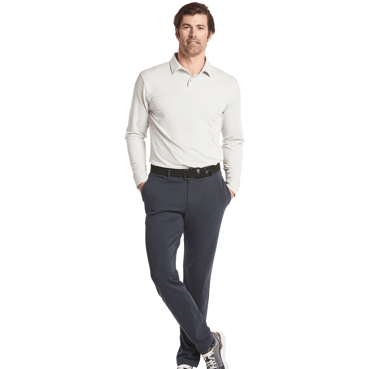 Stone Grey Gamechanger 5 Pocket Pant Full Body Front Angle.
