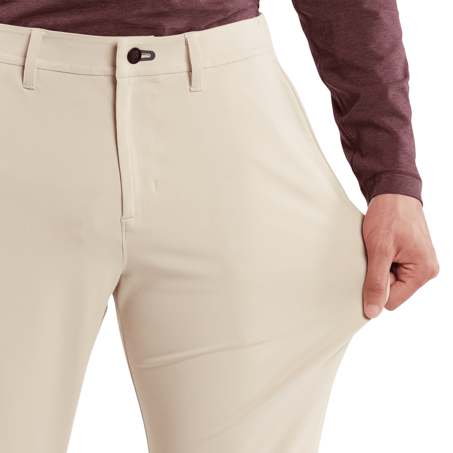Taupe Gamechanger 5 Pocket Pant Stretch Detail Angle.
