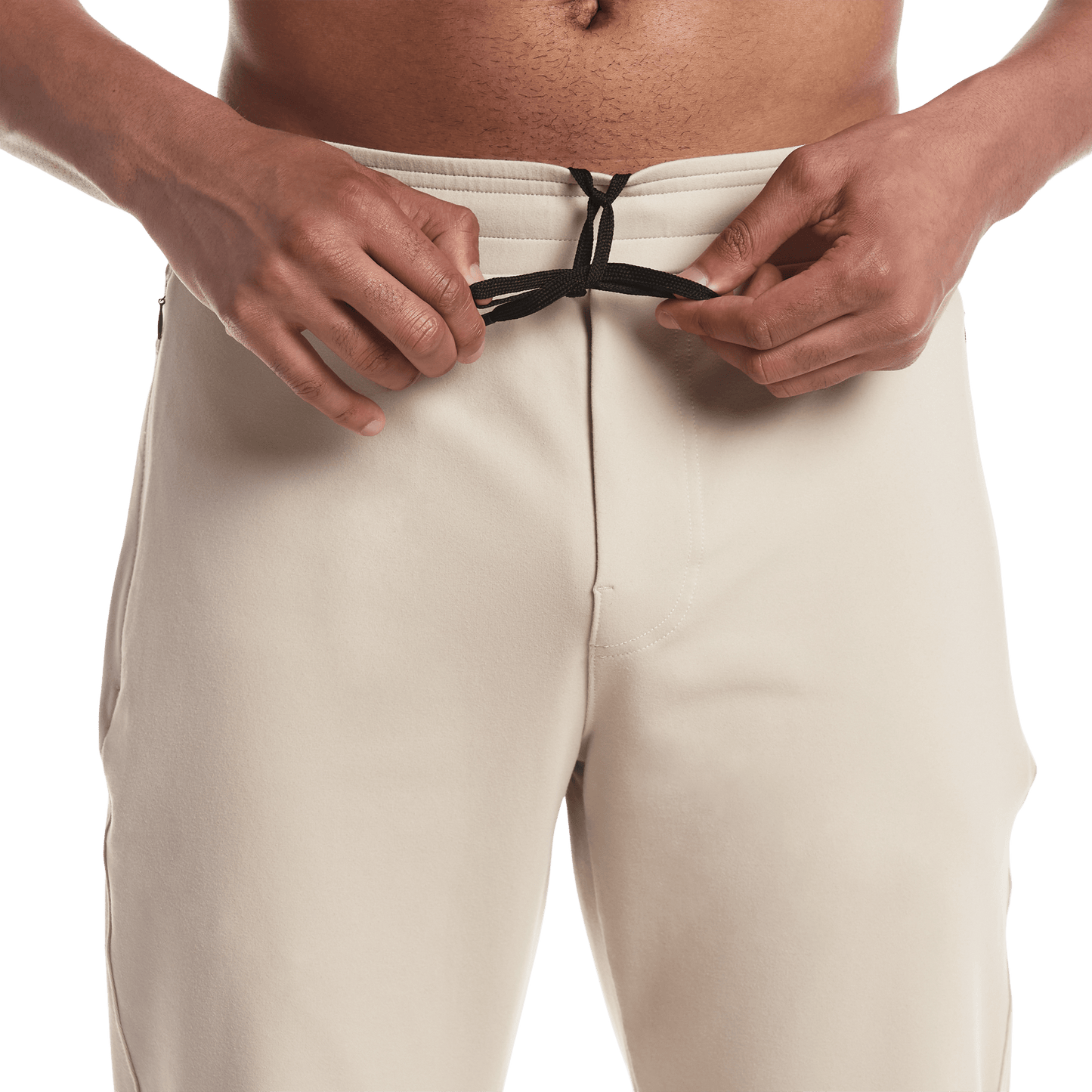 Men's Taupe Gamechanger Rec Pant Drawstring Detail Angle.
