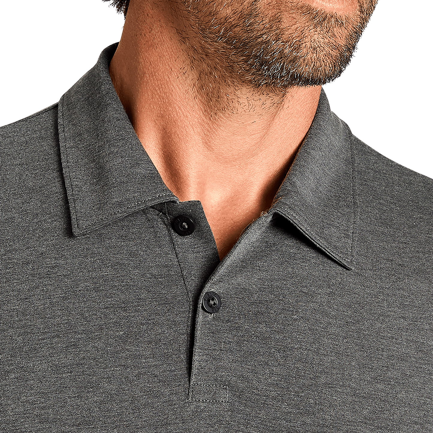 Men's Heather Charcoal Adapt Polo Collar Detail Angle.
