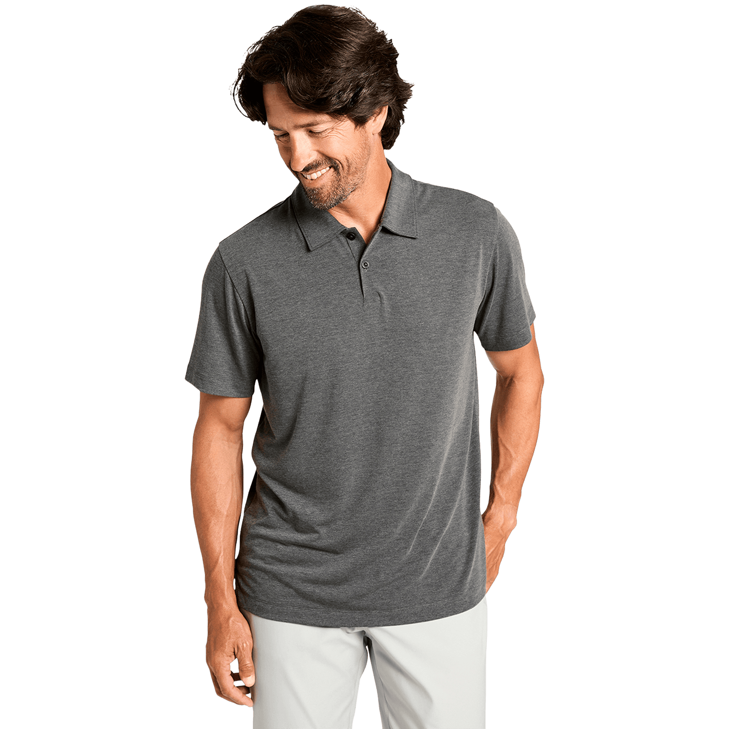 Men's Heather Charcoal Adapt Polo Front Angle.