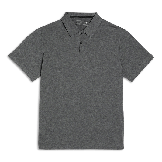 Men's Heather Charcoal Adapt Polo Flat Lay Angle.
