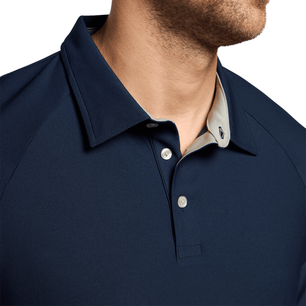 Men's Navy All Fore It Polo Tee Collar Detail Angle.