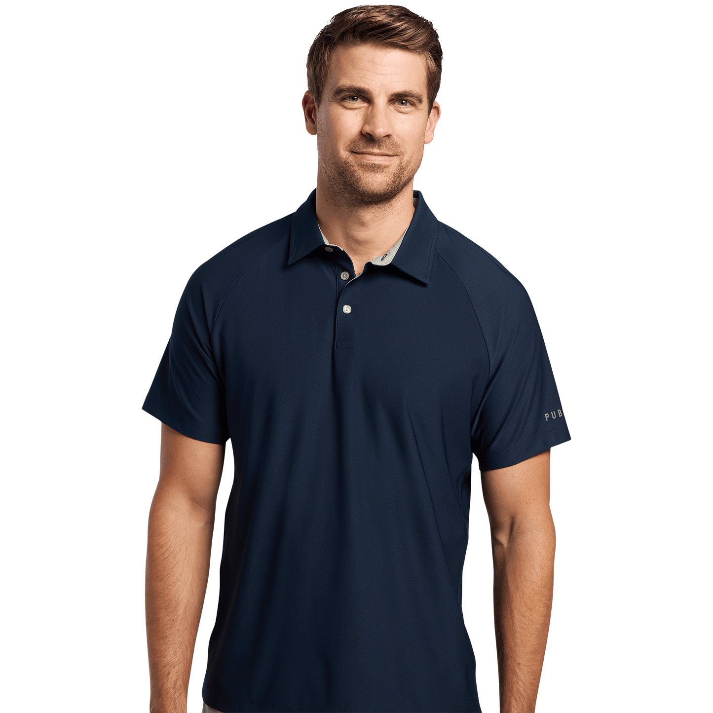 Men's Navy All Fore It Polo Tee Front Angle.