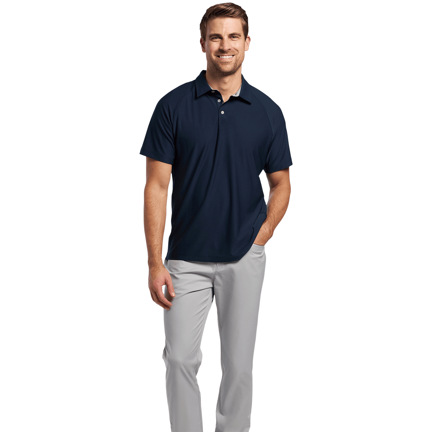 Men's Navy All Fore It Polo Tee Front Full Body Angle.