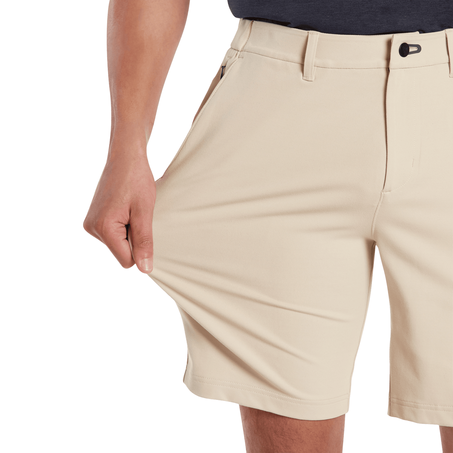 Men's Taupe Gamechanger 5 Pocket Short Stretch Detail Angle.